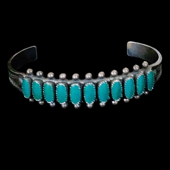 Native American Jewelry - Vintage Sterling Silver Southwest Native American Petit Point Turquoise Cuff